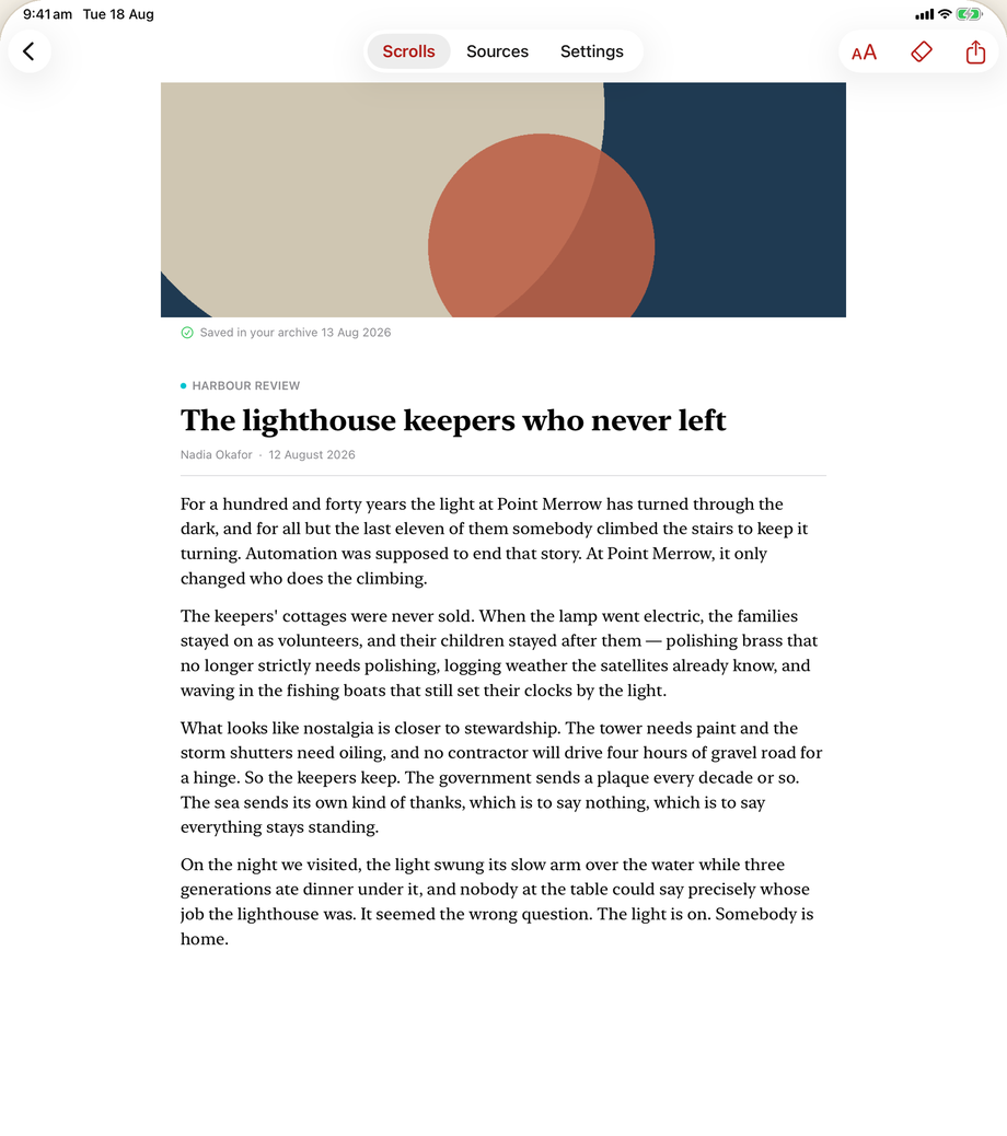 The reader on iPad: an article's lead image, title and byline above clean serif body text, with no ads or links