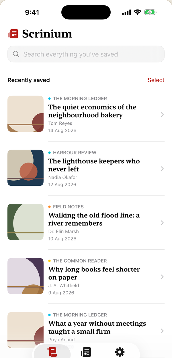 The Scrolls tab on iPhone: a search field above recently saved articles, each with its publication, title, author and date