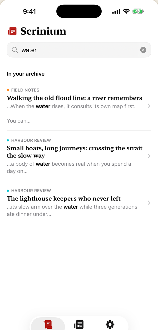 Search on iPhone: results for “water”, each showing the matching passage from inside the saved article